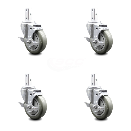 SERVICE CASTER 4 Inch Gray Poly Wheel Swivel 7/8 Inch Square Stem Caster Set with Brake SCC SCC-SQ20S414-PPUB-GRY-TLB-78-4